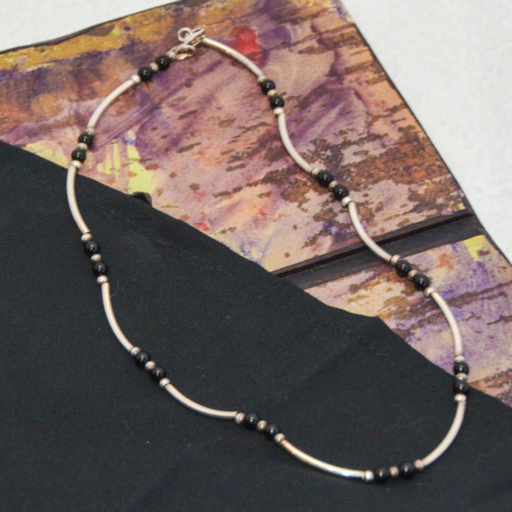 Fashion Silvertone & Black Bead Necklace